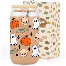 Coolife Halloween Pumpkin Ghost Skull Cups - 16 oz Pumpkins Fall Cup Mug, Tumbler Glass Cups w/Lids Straws, Spooky Cups for Iced Coffee, Goth Spooky Gifts for Her, Halloween Gifts for Women Teen