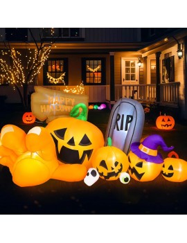 Garma 6.2 FT Halloween Inflatable Pumpkins Outdoor Decorations, Long Inflatable Blow Up Pumpkin with Build-in LEDs, Gravestone and Witch Hat for Halloween Party Indoor, Yard, Lawn, Garden Decorations