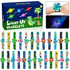 SEKEAHU 25 PCS Light Up Fidget Rotating Toy + 25PCS Slap Bracelets, Dinosaur Halloween Party Favors Christmas Stocking Stuffers for Kids 4-8-12 Goodie Bag Stuffers Glow in The Dark Supplies Gifts