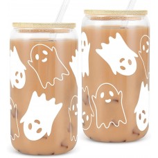 2PCS 18 oz Halloween Ghost Decorations Can Glass Cups,Tumbler Glass Mug with Lids Straws,Spooky Cups for Iced Coffee,Goth Spooky Gifts for Women Men,Halloween Gifts for Women Her Sister Mom Dad