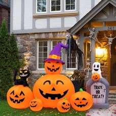 Oyydecor Halloween Inflatables Outdoor Decorations Scary Pumpkin with Witch Cat, Ghost & Tombstone, Blow Up Inflatable with Built-in LEDs for Outdoor Yard Garden Lawn Indoor Halloween Party Decor