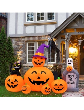 Oyydecor Halloween Inflatables Outdoor Decorations Scary Pumpkin with Witch Cat, Ghost & Tombstone, Blow Up Inflatable with Built-in LEDs for Outdoor Yard Garden Lawn Indoor Halloween Party Decor