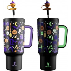 Meoky 40 oz Halloween Tumbler with Handle and Straw, Glow in the Dark Tumbler with Lid and Straw, Insulated Stainless Steel Travel Mug, 100% Leak-proof, Keeps Cold for 34 Hours (Haunted Pumpkin)