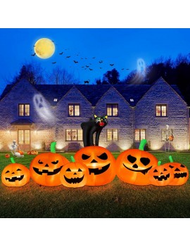 B&D 8FT Long Halloween Inflatables Pumpkin Outdoor Decorations, 7 Inflatable Pumpkins and Black Cat Combo Blow Up Halloween Decorations Built-in LEDs for Halloween Decor Holiday Party Yard Garden Lawn